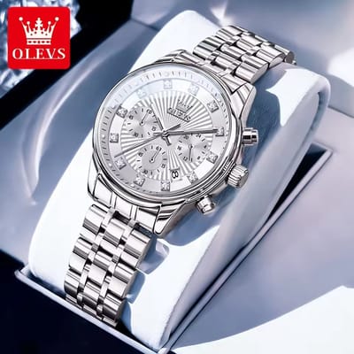 HO-3669.z : Olevs zilverkl dames quartz horloge, gebroken wit-zilverkl wijzerplaat fenomenale textuur, chronograaf, kalenderdag, diamantzirkonia's