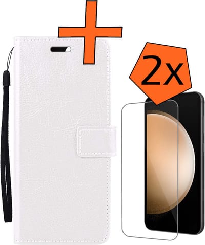 Hoes - Met 2x Screenprotector - Geschikt voor Samsung Galaxy S23 FE - Luxe Pasjeshouder - Bookcase Portemonee - Flip Case - Kunstleer Book Case - Flipcase Hoes - Book Cover - Walletcase - PortemonneeHoes - Wit