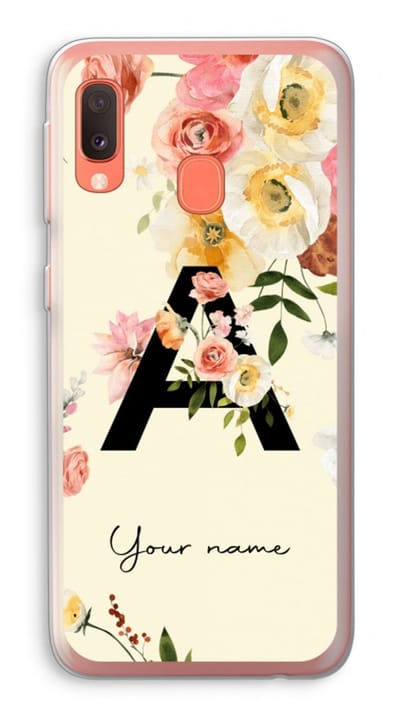 Gepersonaliseerd - Case Company® - Hoesje geschikt voor Samsung Galaxy A20e hoesje - Flirty Flowers Monogram - Soft Cover Telefoonhoesje - Bescherming aan alle Kanten en Schermrand