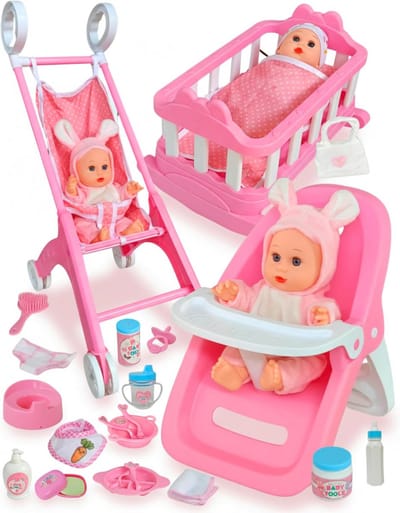 Grote Babypop Speelset met Kinderwagen, Eetstoel en Wieg - 31 Delen Cadeau voor Peuters