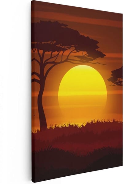 Artaza Canvas Schilderij Zonsondergang Afrika - 20x30 cm - Klein - Wanddecoratie Silhouet Bomen - Muurdecoratie Savanne - Kamer Accessoires Natuur