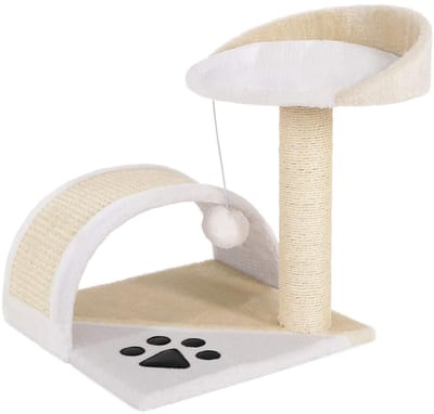 lionto kleine krabpaal met pluche bal & krabboog, 43 cm hoog, comfortabele ligplek van zacht pluche, stabiel met sisaltouw, voor kleine & grote katten, beige/wit
