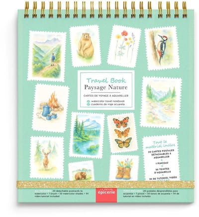 Aquarel Travel Set - La Petite Epicerie Aquarel Travel Book Paysage Nature - 13x18cm - Aquarel Reisnotitieboek - 20 ansichtkaarten om te aquarellen 350 gr papier - 1 penseel - 50 aquareltinten