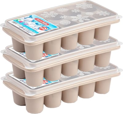 Plasticforte ijsklontjes bakjes - grote ijsblokken van 6.5 cm - 3x stuks - trays met deksel van 10 vakjes - kunststof - taupe