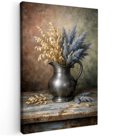 Online schilderij - Pampasgras met Gouden Korenaren Antieke Kan - 60x40 cm - Abstracte kunst - Huis decoratie woonkamer - Keuken muur schilderijen - Wanddecoratie accessoires - Kamer interieur