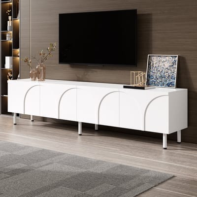 OKWISH Tv-Meubel – 4 Deuren – 2 Opbergvakken – Voor Woonkamer – MDF En Spaanplaat Wit – 180 x 35 x 49 cm