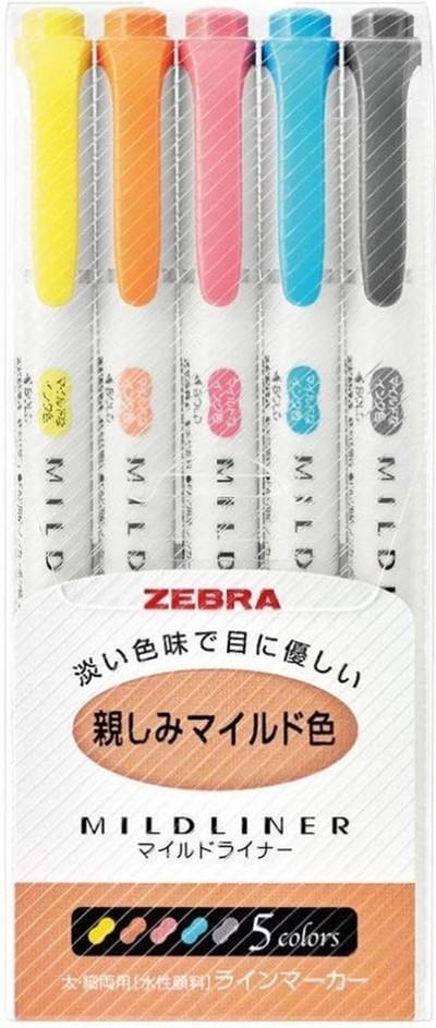 Zebra Mildliners | dubbelzijdige stiften set | 5 milde kleuren