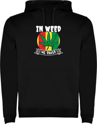 Zwarte unisex hoodie met “ Kleurrijke In Weed we Trust – We vertrouwen op Wiet – Reggae - Humor “ Print Full Color Color merk Roly maat S