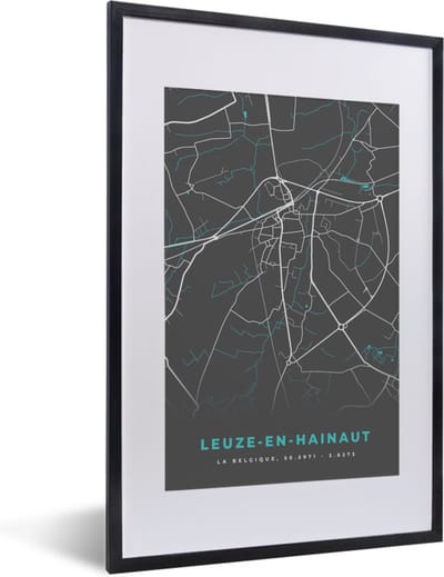 Fotolijst incl. Poster - België – Leuze en Hainhaut – Stadskaart – Kaart – Blauw – Plattegrond - 40x60 cm - Posterlijst