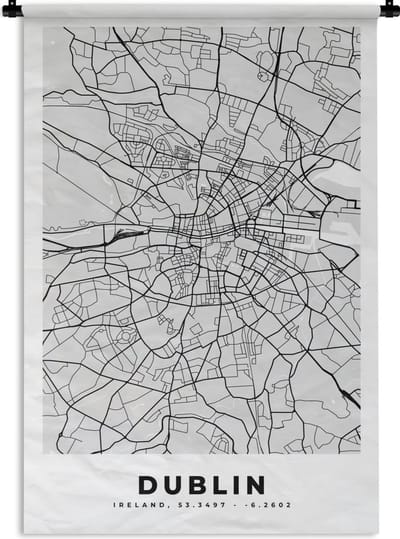 Wandkleed - Wanddoek - Dublin - Stadskaart - Zwart Wit - Plattegrond - Kaart - 120x180 cm - Wandtapijt