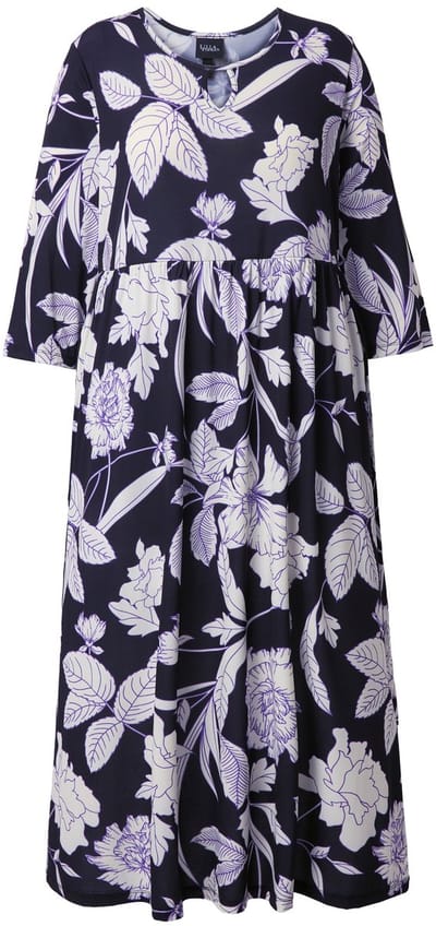 Ulla Popken - Dames - Maxi-jurk bloemen A-lijn ronde hals 3/4-mouwen - Zwart - Maat 42+