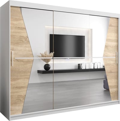 InspireMe - Kledingkast met 3 schuifdeuren, Modern-stijl, Een kledingkast met planken en een spiegel (BxHxD): 250x200x62 - TOTO 250 Wit Mat + Sonoma Eik