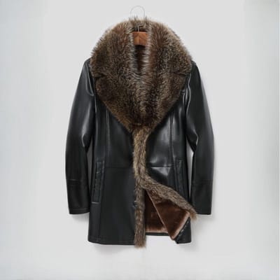 Veste en cuir véritable pour homme, longueur moyenne, col en fourrure, veste en cuir, manteau à col en fourrure de raton laveur pour homme M noir