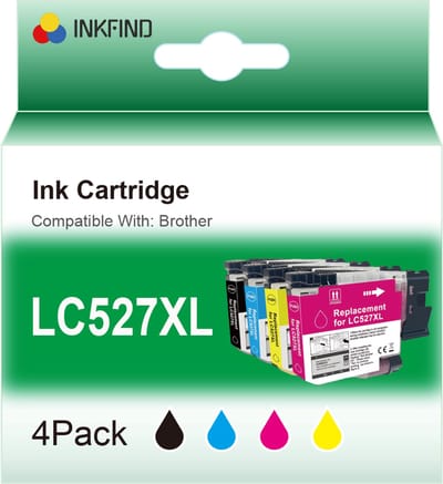 INKFIND LC527XL Zwart/Cyaan/Magenta/Geel inktcartridge compatibel met Brother LC527XL LC-527XL LC527XLVAL Multipack van 4 stuks (Zwart x 1, Cyaan x 1, Magenta x 1, Geel x 1) geschikt voor Brother MFC-J4350DW/J4550DW - 4-pack BKCMY