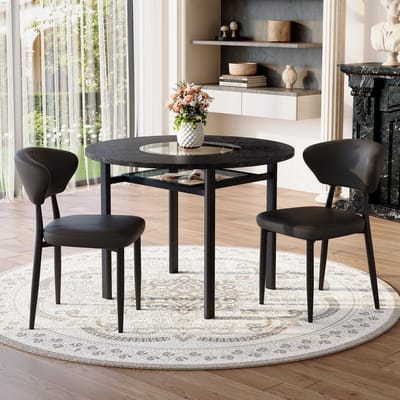 MODFU - Ronde Eethoekset - Met 2 Stoelen En Glazen Inzet - Minimalistisch - Voor Eetkamer Of Woonkamer - MDF En Metaal - Zwart - 100 Cm