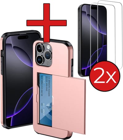 Hoesje Geschikt voor iPhone 16 Pro Hoesje Met Pasjeshouder Hard Case Met Kaarthouder Met 2x Screenprotector - Hoes Geschikt voor iPhone 16 Pro Hoesje Pashouder Case - Rosé goud