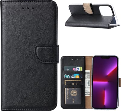 Phreeze Back Cover - Geschikt voor iPhone 14 Pro Hoesje - Book Case - Zwart- Met Pasjes Houder - Vegan Leder - Magnetische Sluiting