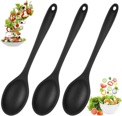 3 Stuks Kooklepels Siliconen Menglepels - Zwarte Siliconen Lepels met Antiaanbaklaag - 20.3 cm Lange Steel Siliconen Kooklepels,BPA-vrij,Keukenlepel Siliconen Serveerlepels voor Keuken,Koken,Bakken,Roeren