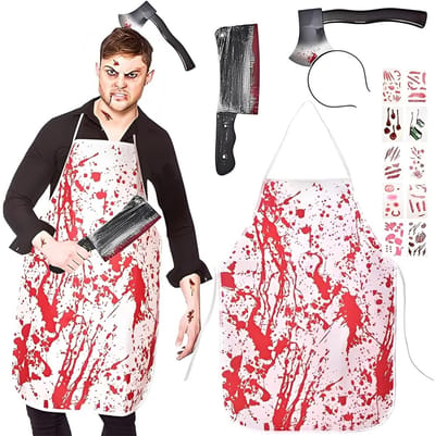 Dailygoods - Halloween Slachtkostuum voor Heren en Dames - Bloedig Schort met Keukenmes en Bijl