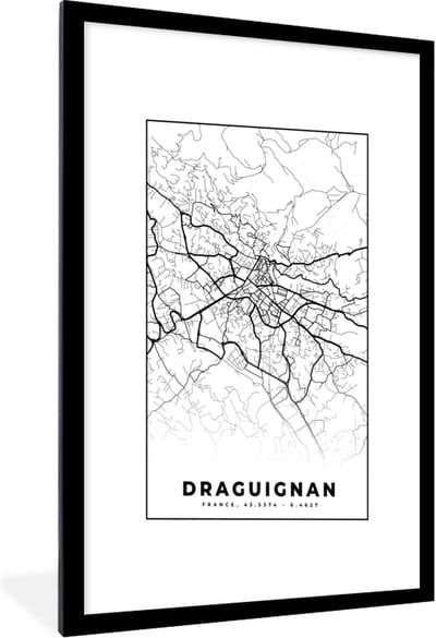 Fotolijst incl. Poster Zwart Wit- Plattegrond - Draguignan - Kaart - Frankrijk - Stadskaart - Zwart wit - 60x90 cm - Posterlijst