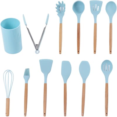 Ensemble d'ustensiles de cuisine 12 pièces Antiadhésifs Ustensiles de cuisine Manche en bois Ustensiles de cuisine en silicone L