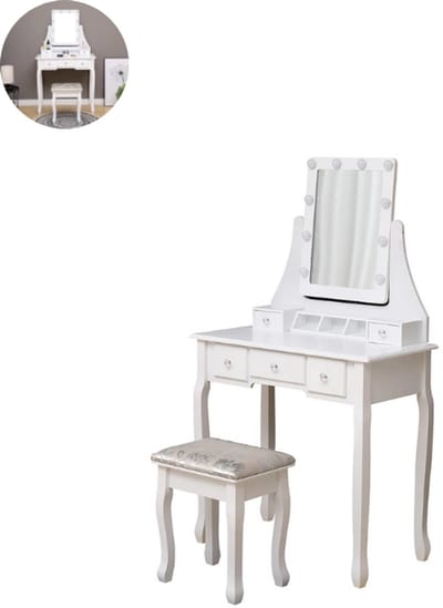 Kaptafel met spiegel en verlichting - Make up tafel - Make up - Toilettafel - Met lades - 80cm x 40cm x 135,5cm (L x B x H) - Wit