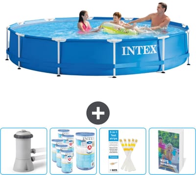 Intex Rond Frame Zwembad - 366 x 76 cm - Blauw - Inclusief Pomp Filters - Testrips - Zwembadgids