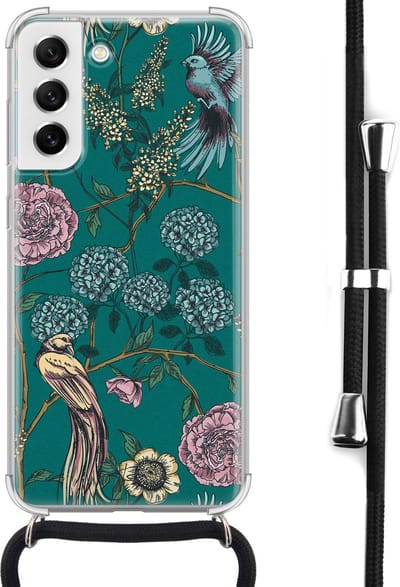 Hoesje met koord geschikt voor Samsung Galaxy S21 FE - Vogels Japanse bloemen - Inclusief koord - Crossbody beschermhoes - Transparant, Groen - Mooie Telefoonhoesjes