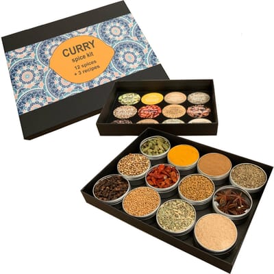 Curry Kruidenbox - 12 Kruiden + Curry Recepten - Aziatische Gerechten en Specerijen - Geschenkdoos - Koken - Kruidenpotjes - Keuken en Bakken Cadeau - TeaSalt&Spices