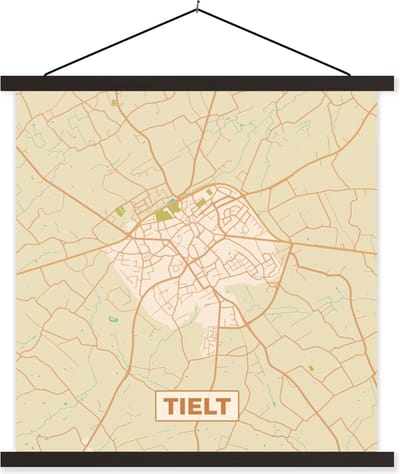 Posterhanger incl. Poster 60x60 cm - Schoolplaat - Vintage - Kaart - Stadskaart - Plattegrond - Tielt - Textielposter - Zwarte latten - Stadskaart