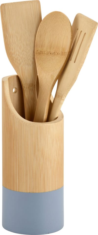 Kesper Keukengerei lepels set 3-delig - 31 cm - in houder - bamboe - lichtbruin/blauw - Pollepels - Spatels - Keukenspatels