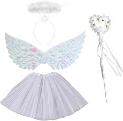 Engelenkostuum voor Meisjes met 4 Sets van Engelenvleugels, Rok, Halo en Toverstaf voor Carnaval, Halloween en Verkleedfeest