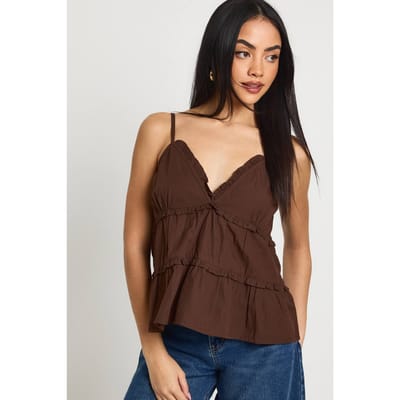 boohoo Dames Poplin Cami Top Met V-hals En Rimpeldetail | Chocoladebruin | Maat: 34