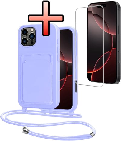Hoes Geschikt voor iPhone 16 Pro Hoesje Pasjeshouder Cover Met Koord Case Siliconen Hoes Met Telefoonkoord en Kaarthouder Met Screenprotector - Lila