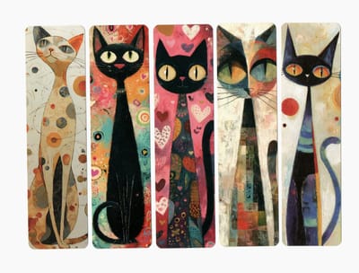 Viwado® - Set van 5 Papieren Boekenleggers - Expressieve Kunstzinnige Katten - Modern Design & Cadeau