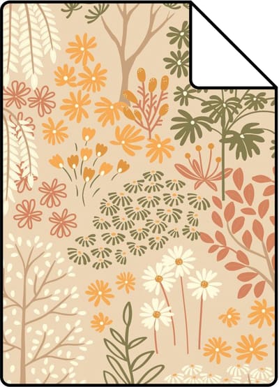Proefstaal ESTAhome behang bomen en bloemen beige, terracotta en groen - 26.5 x 21 cm - 131186-S