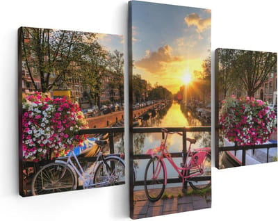 Artaza Canvas Schilderij Drieluik Amsterdamse Brug Met Zonsopgang - 90x60 cm - Wanddecoratie Woonkamer - Schilderijen - Muurdecoratie