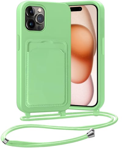 Hoesje Geschikt voor iPhone 14 Pro Hoesje Met Telefoonketting Pasjeshouder Case Koord - Hoesje Geschikt voor iPhone 14 Pro Hoes Met Kaarthouder - Groen