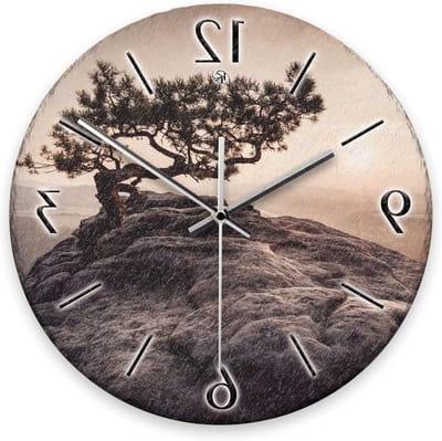 Wandklok Keramiek - Klok Muur - Tijd Aangeven - Leisteen Look - 30 cm Diameter - Eenzame boom