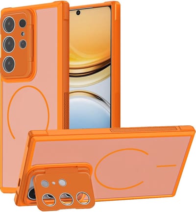 Hoesje Geschikt voor Samsung Galaxy S26 Ultra - Oranje - Casemania Magnetische Matte Armor Back Cover met Camera Shield Kickstand - Telefoonhoesje Geschikt voor MagSafe met Camera Bescherming