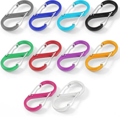 Set van 10 Aluminium Carabiners, 50mm S-Haakjes voor Wandelen, Vissen en Kamperen - Kleurige Dubbele Carabiners voor Reis en Outdoor Activiteiten