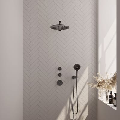 Brauer Gunmetal Carving thermostatische inbouw regendouche SET 08 met 30 cm douchekop en rechte muurarm en 3-standen handdouche en doucheslang en wandaansluitbocht gunmetal geborsteld PVD