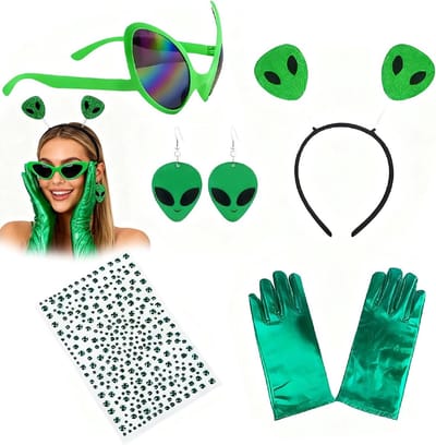 Alien Kostuum Set voor Feestjes en Halloween - Groene Hoofdband, Zonnebril, Oorbellen, Handschoenen en Diamant Stickers voor een Unieke Look