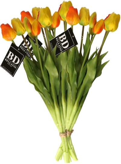 Bellatio Design Kunst tulpen boeket Sally - 21x stuks - geel/oranje - real touch - 47 cm
