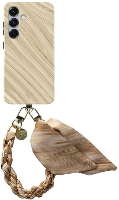 AVY Hoesje Met Telefoonkoord | Geschikt voor Samsung Galaxy S25 | Compatibel met MagSafe | Hard Shell Back Cover | Stijlvol Bijpassend Koord 32CM | Aurum Gold | Goud