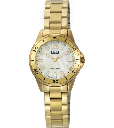 Q&Q Q88B-004PY - Horloge - Polshorloge - Analoog - Dames - Vrouwen - stalen band - Metaal - Rond - Cijfers - Strepen - Goudkleurig - Wit