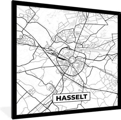 Fotolijst incl. Poster Zwart Wit- België – Hasselt – Stadskaart – Kaart – Zwart Wit – Plattegrond - 40x40 cm - Posterlijst