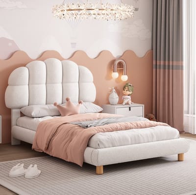 MEUNIQ gestoffeerd eenpersoonsbed 90 x 200 cm met verstelbaar hoofdeinde, lattenbodem en bouclé look, kinderbed of jeugdbed voor slaapkamer, wit