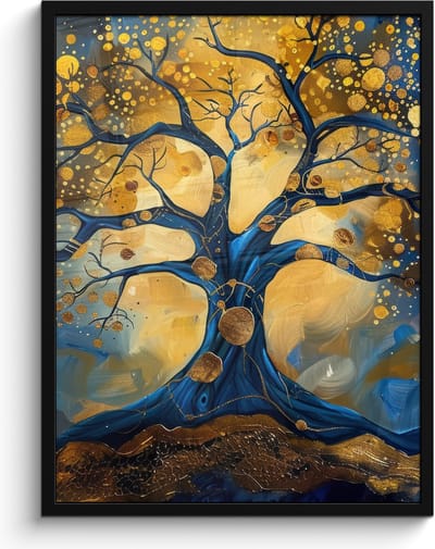 Poster in lijst - Fotolijst 60x80 cm - Posters - Boom - Levensboom - Blauw - Goud - Posterlijst zwart - Decoratie - Wanddecoratie woonkamer - Muurdecoratie slaapkamer
