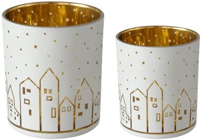 Boltze – Waxinehouder – Set van 2 – Huisjes – Goud en Wit – 8 en 10 cm hoog – Waxinelichtjes